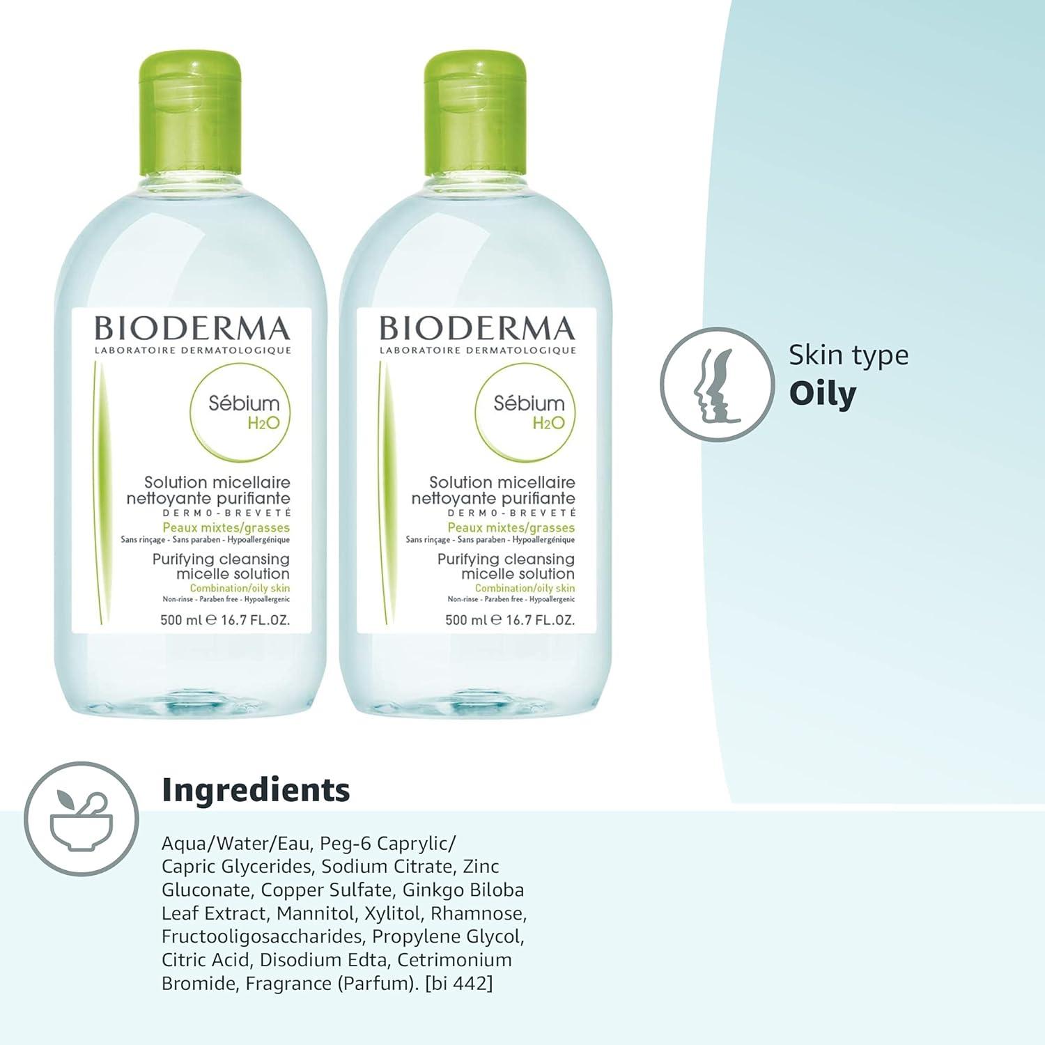 image:imageBioderma Sbium H2O Micellar Water Facial Cleanser and Makeup Remover Face Cleanser for Combination to Oily SkinWithout Pump